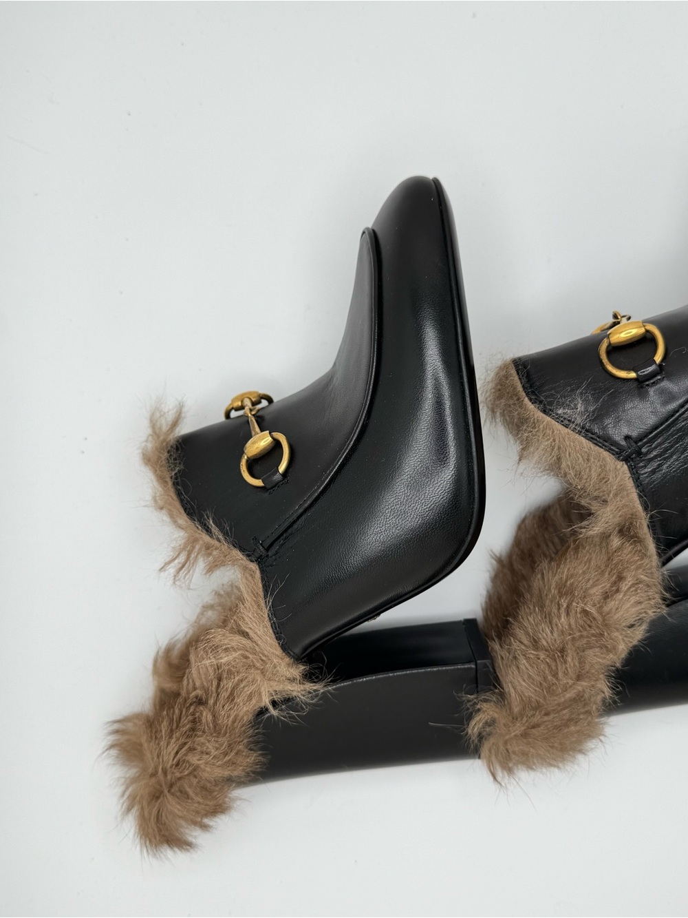 Gucci Princetown Fur Mules Black Leather Horsebit Heels 37 - Picture 12 of 16